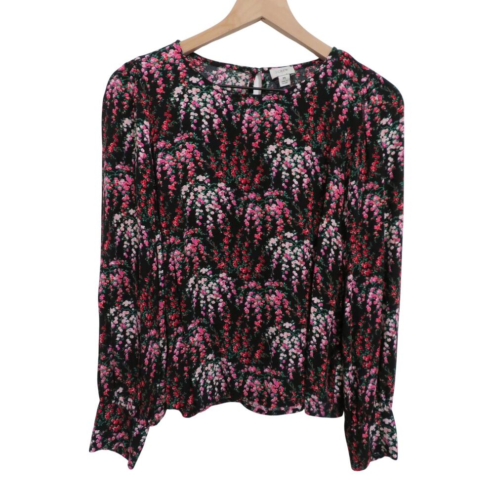 J.Crew Women Sz M Floral Print Long Sleeve Blouse Black Pink Botanical Top